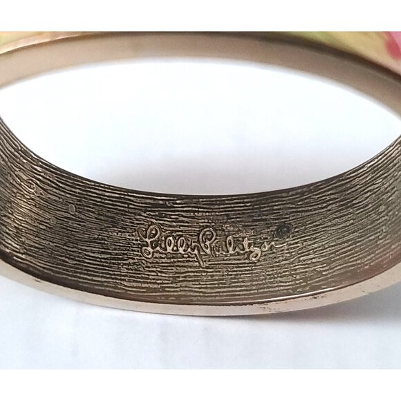 Lilly Pulitzer Pink Lemonade Boca Bangle Bracelet Goldtone Hinged Pink Green - Picture 2 of 6